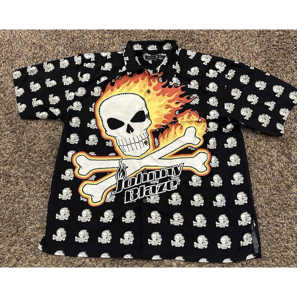 Vintage Johnny Blaze Dragon Skull All Over Print Button Up Shirt Mens Size 2XL